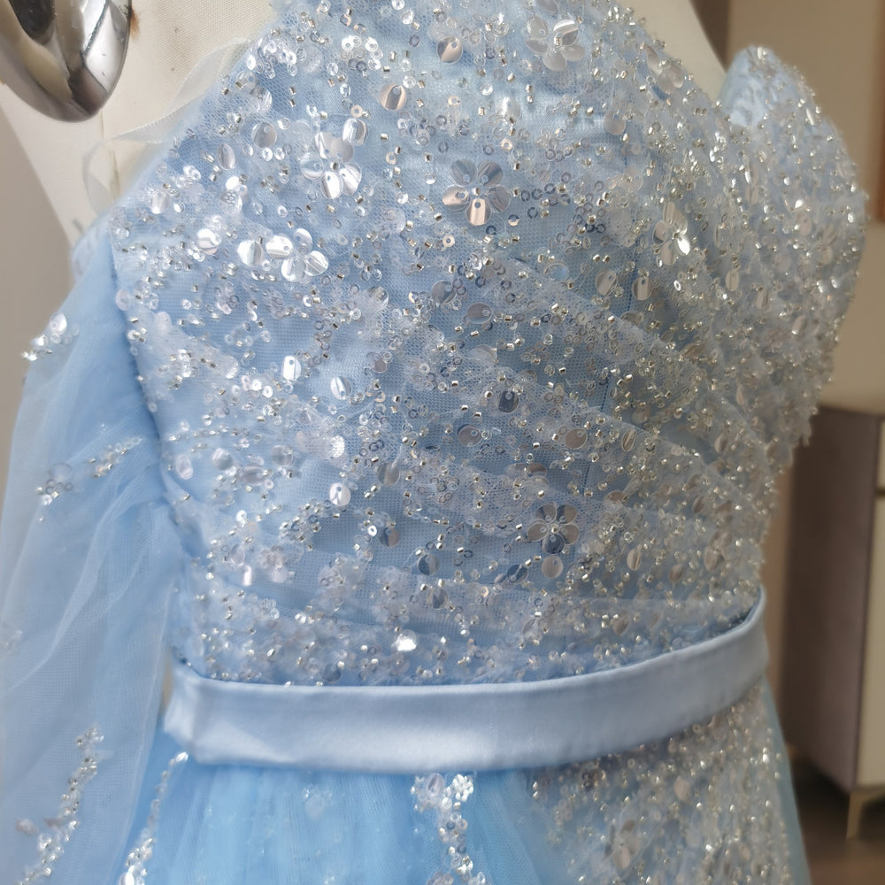 
                      
                        Off-the-Shoulder Sky Blue Prom Dress with Sequins and Slit
                      
                    