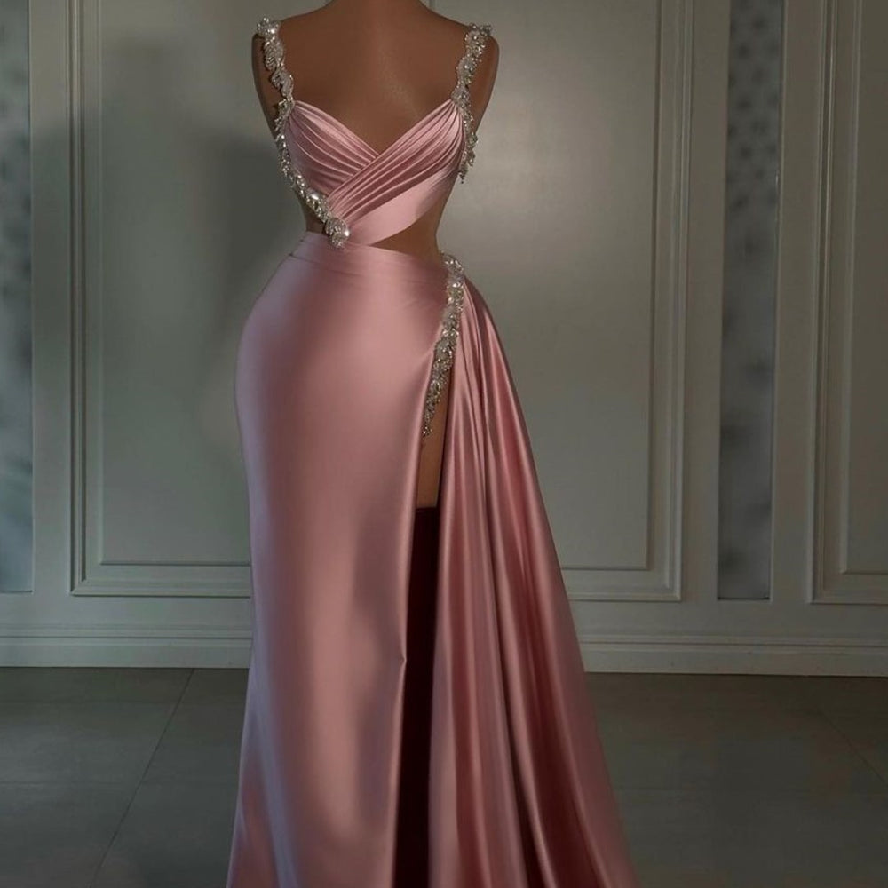 Glamorous Pink Sweetheart Spaghetti Strap Prom Dress with High Slit Trail