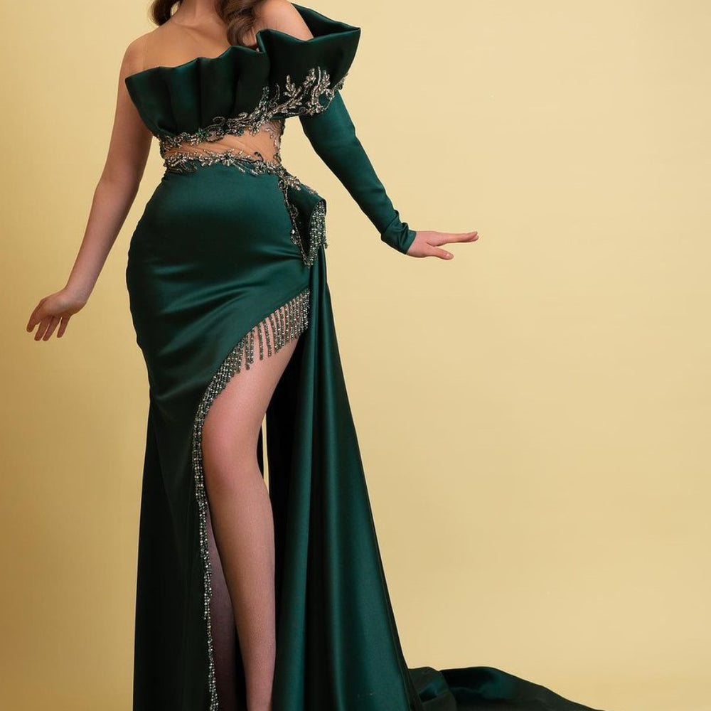 Dark Green Long Sleeves Charmeuse Prom Dress with Tassel High Slit Trail