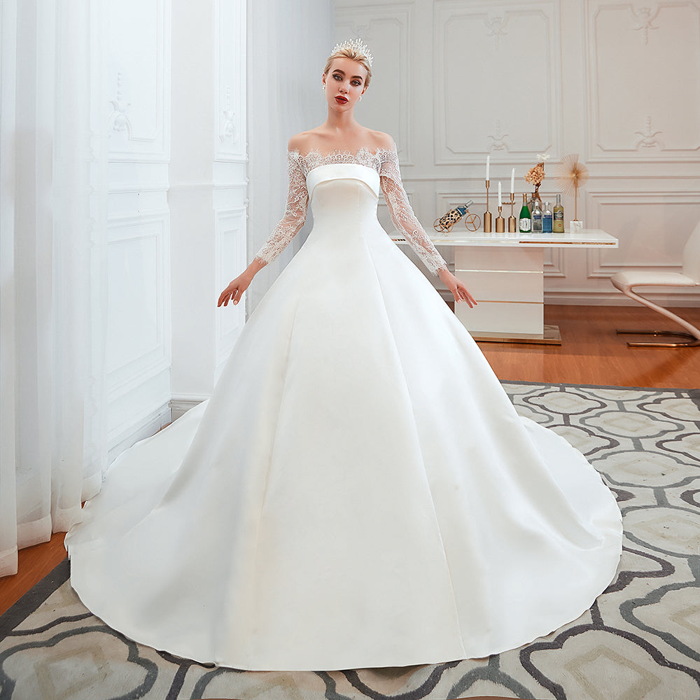 Stunning Off-the-Shoulder Long Sleeve A-Line Satin Wedding Dress with Lace