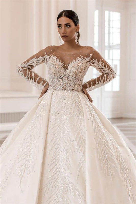 Bateau Neck Long Sleeve Ball Gown Wedding Dress with Applique