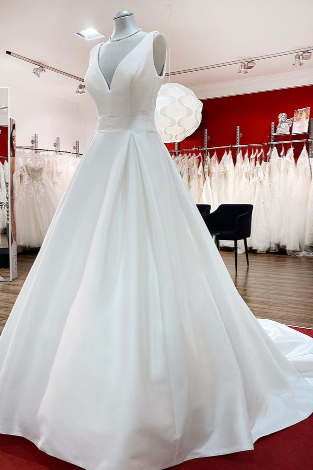 
                      
                        Long A-Line V-Neck Satin Open Back Wedding Dress with Ruffles
                      
                    