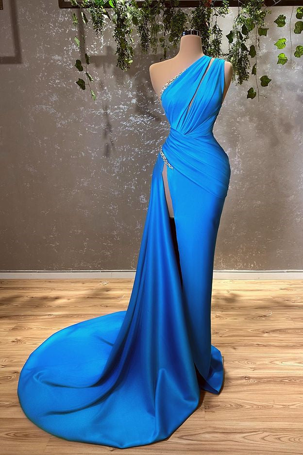 Ocean Blue One Shoulder Mermaid Evening Dress Long with Split