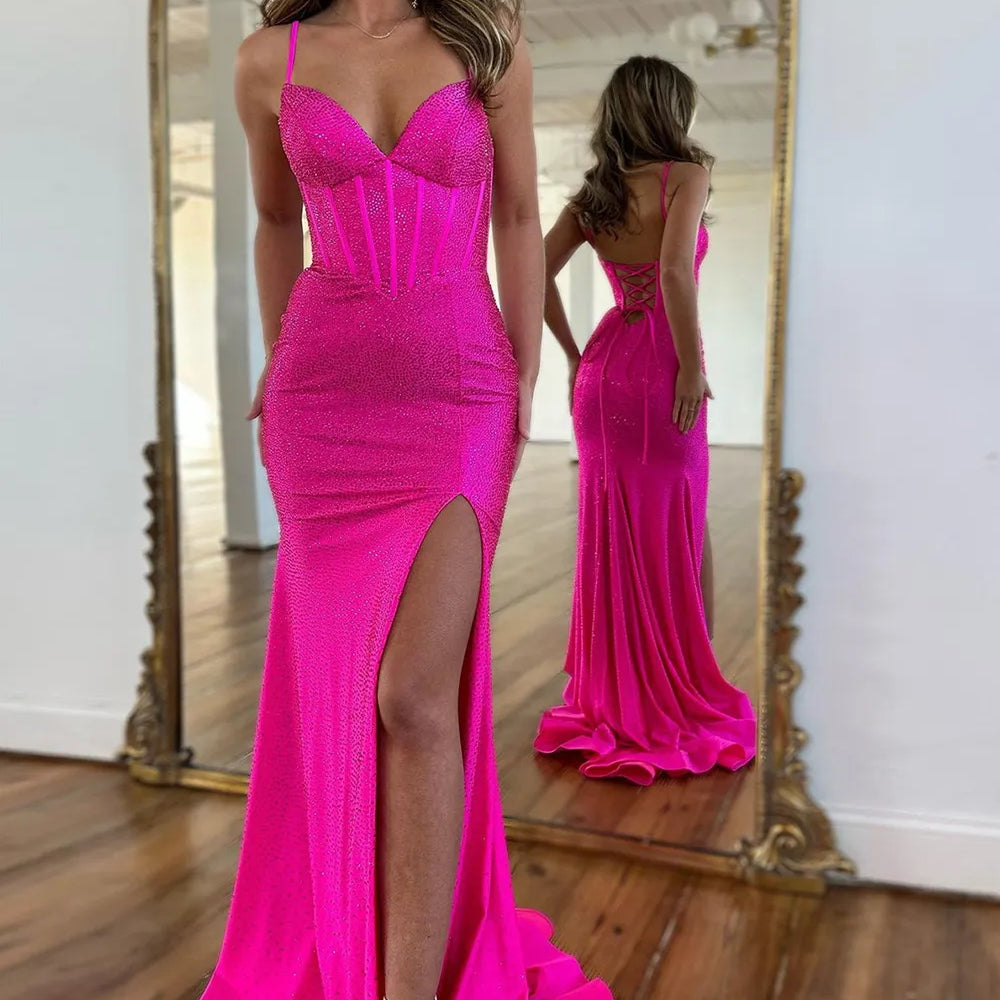 Sparkly Fuchsia Spaghetti Straps Prom Dress with Lace-Up Beaded Detail and Slit