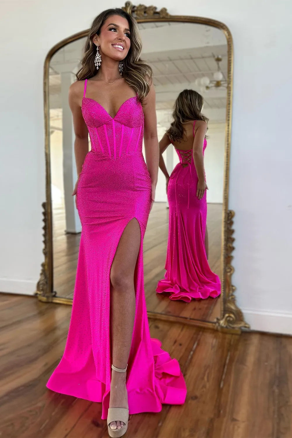 Sparkly Fuchsia Spaghetti Straps Prom Dress with Lace-Up Beaded Detail and Slit