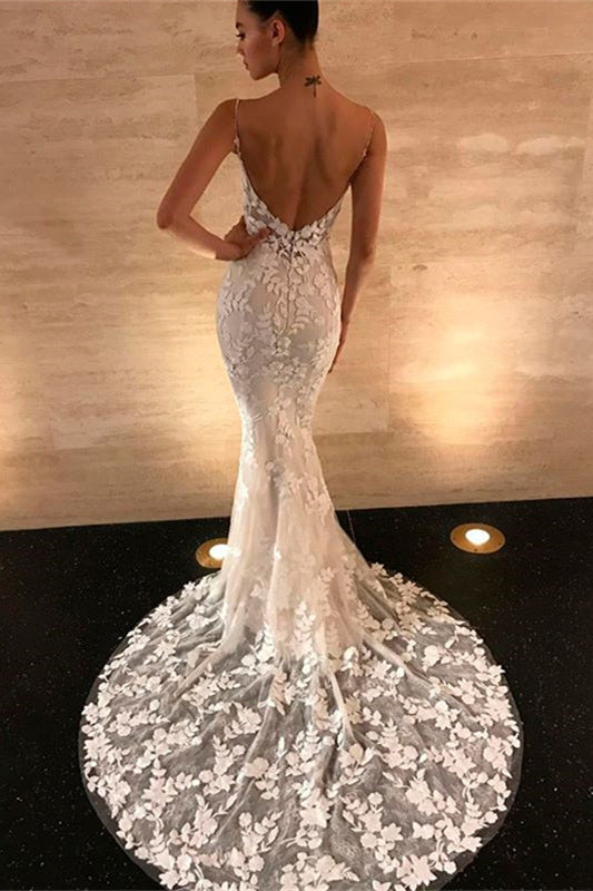 Spaghetti Strap Backless Long Mermaid Wedding Dress with Lace Appliques