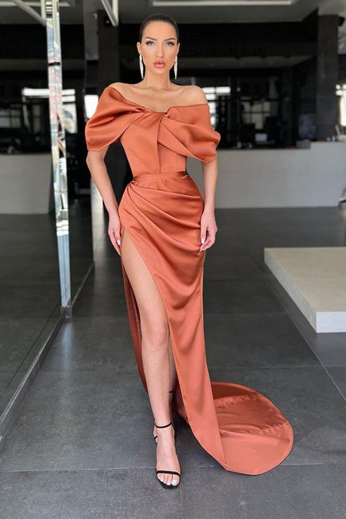 
                      
                        Burnt Orange Off-the-Shoulder Mermaid Prom Dress with Split
                      
                    