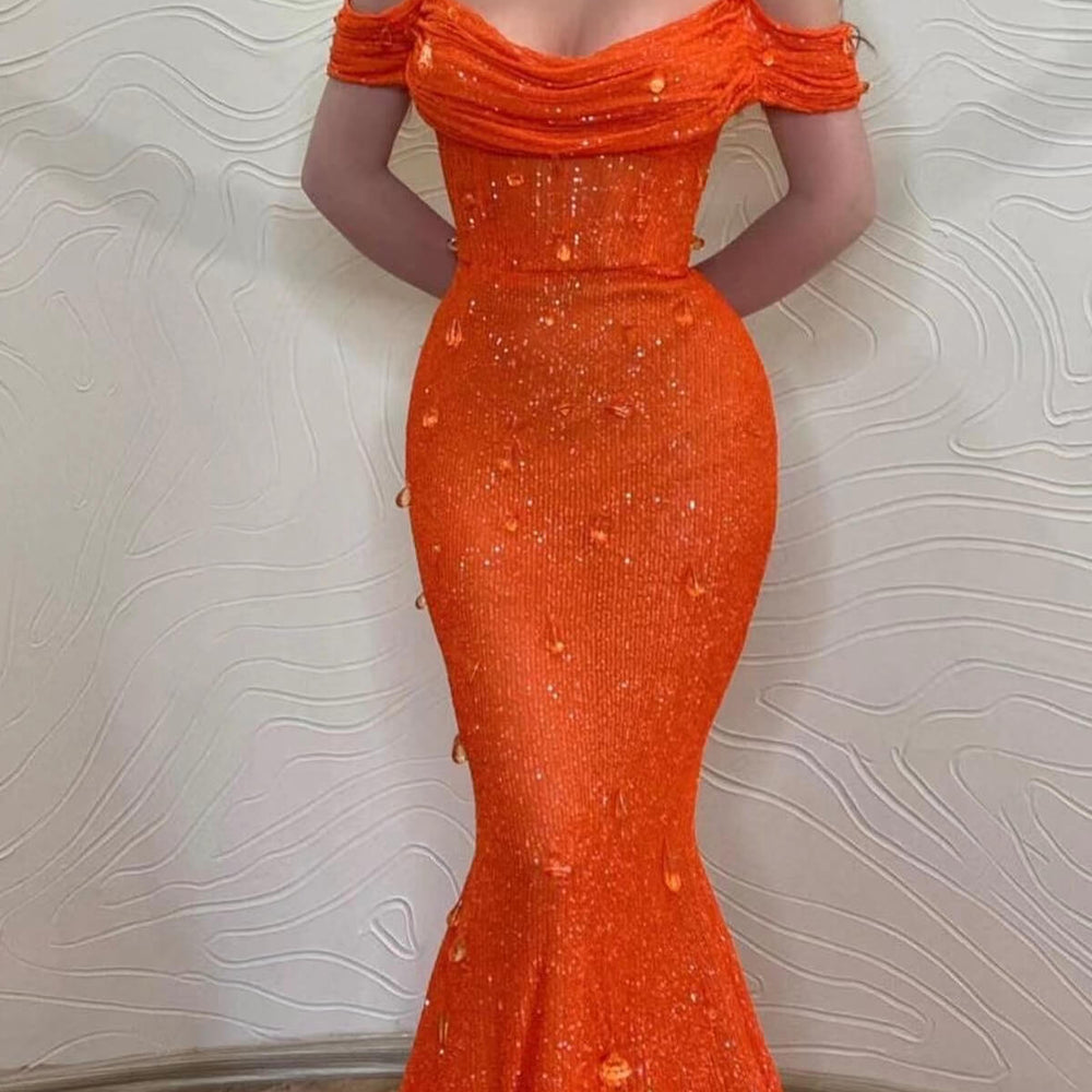 Orange Mermaid Off-The-Shoulder Prom Dress with Sequins