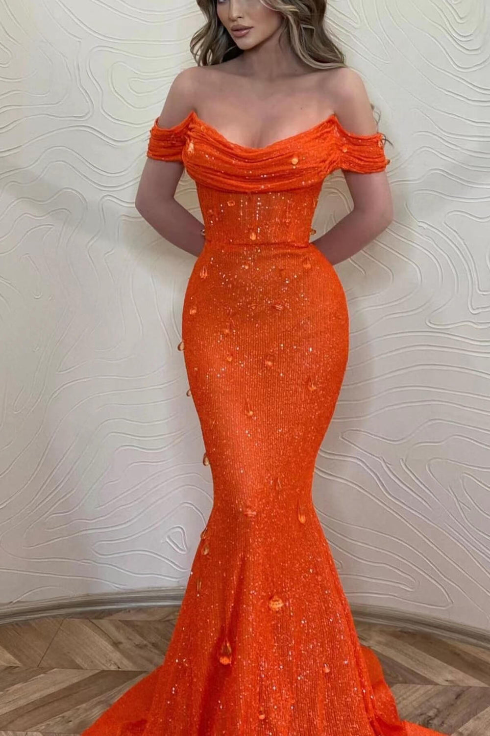 Orange Mermaid Off-The-Shoulder Prom Dress with Sequins