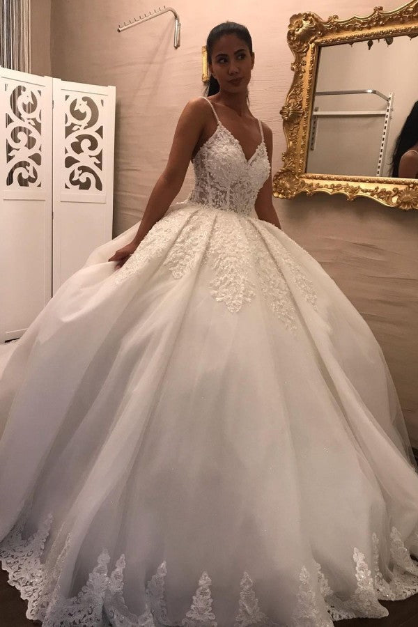 Spaghetti Strap V-Neck Floor-Length Ball Gown Wedding Dress with Lace and Tulle Appliques