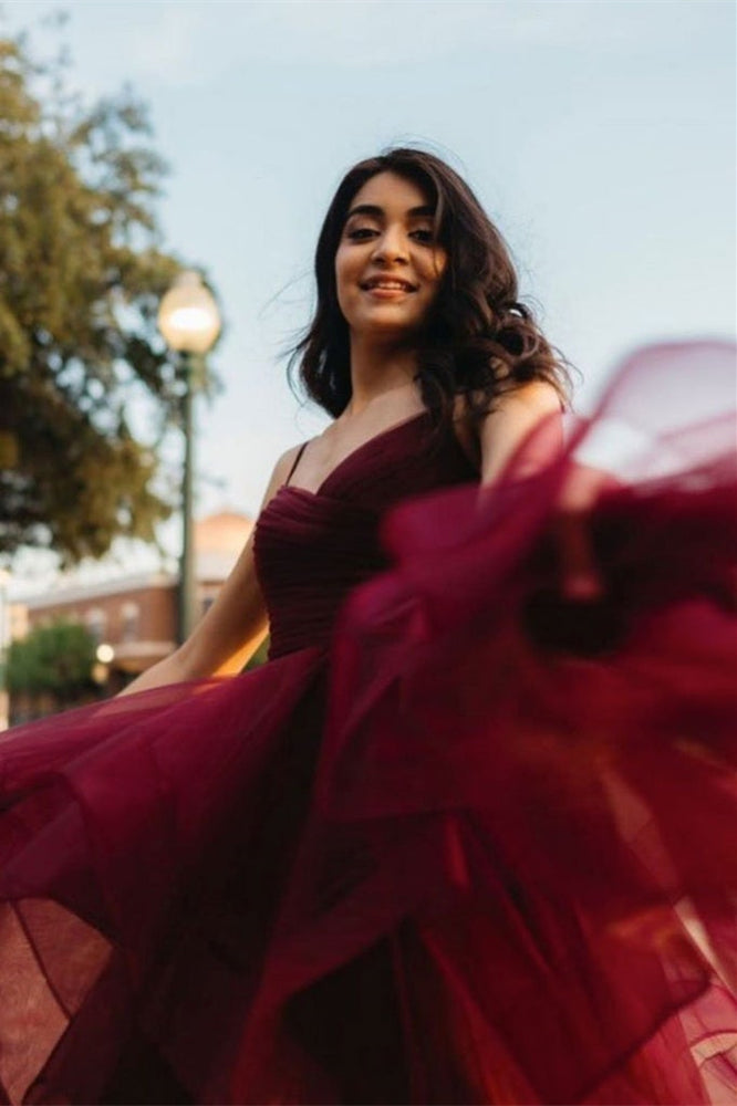 
                      
                        Burgundy Spaghetti-Straps Prom Dress with Ruffles
                      
                    