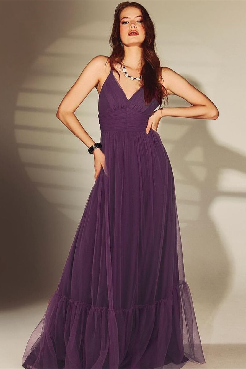 Dark Purple V-Neck Spaghetti-Straps Evening Dress Online