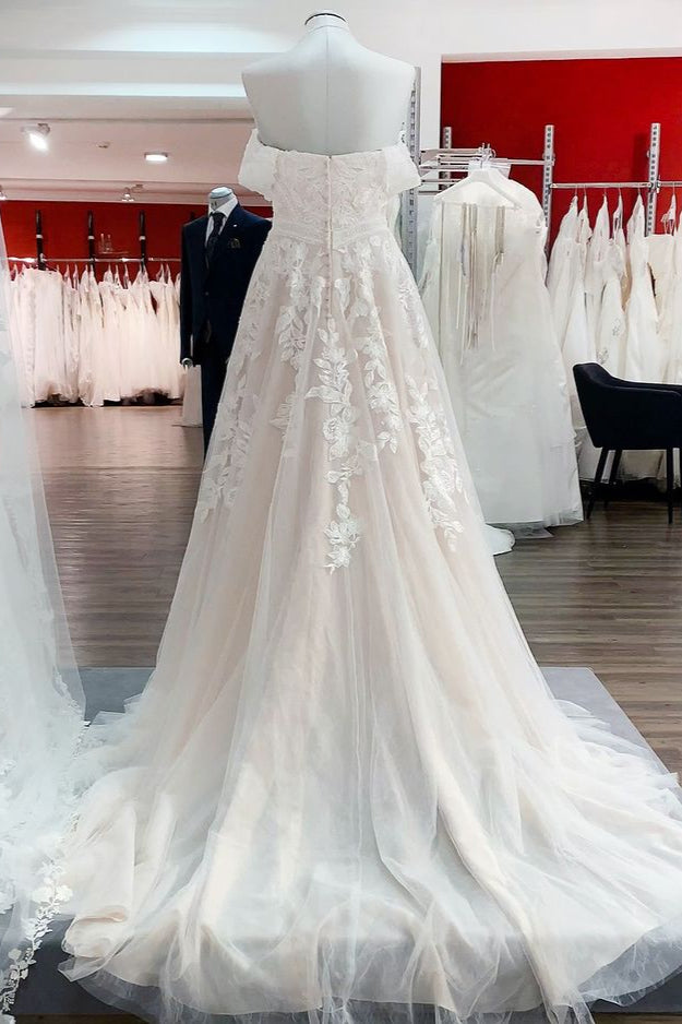 
                      
                        Sleeveless Off-the-Shoulder Long A-Line Wedding Dress with Tulle Lace Appliques
                      
                    