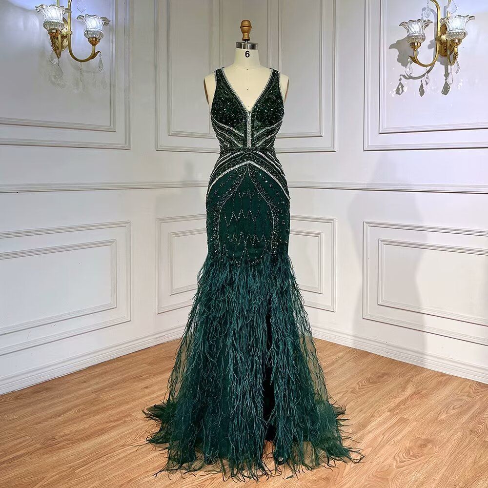 Green Sequin Prom Dress, Beaded V-Neck Long with Feather