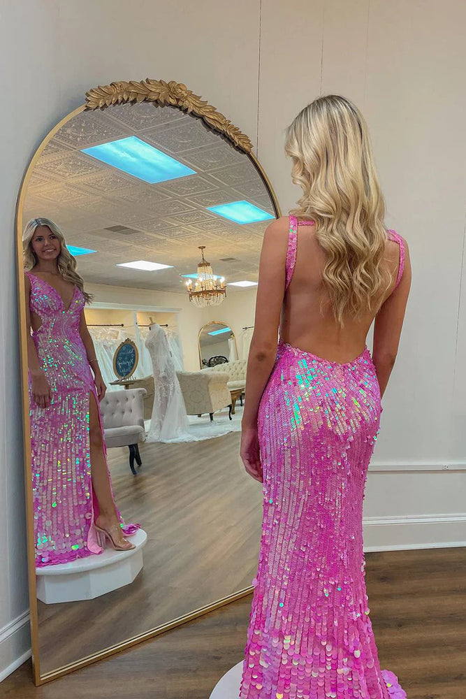 
                      
                        Pink Sequins V Neck Backless Sleeveless High Slit Prom Dress
                      
                    