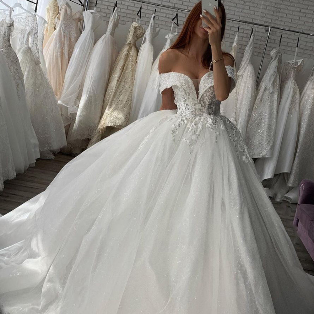 Shiny Off-the-Shoulder Ball Gown Wedding Dress with Lace and Sweetheart Neckline