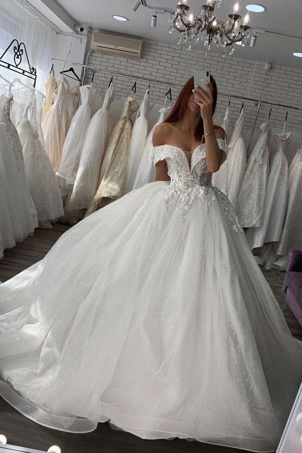 Shiny Off-the-Shoulder Ball Gown Wedding Dress with Lace and Sweetheart Neckline