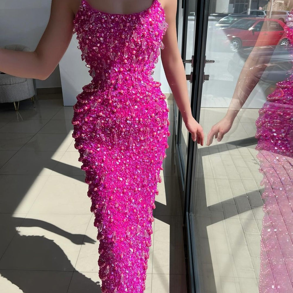 
                      
                        Fuchsia Acrylic Spaghetti-Straps Mermaid Prom Dress with Pearls Sequins
                      
                    