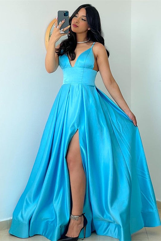 Ocean Blue Spaghetti-Straps Prom Dress