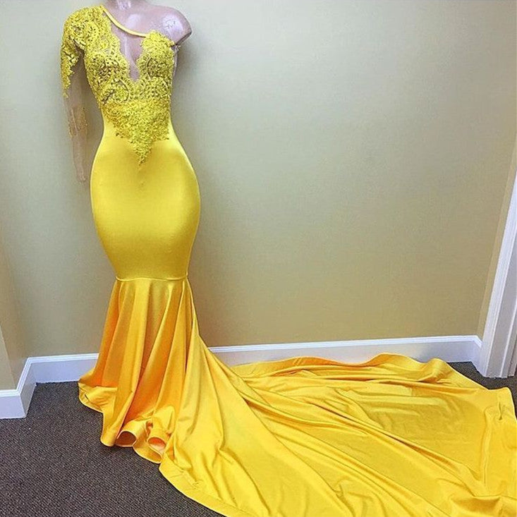 Yellow One-Shoulder Long Sleeve Mermaid Prom Dress with Appliques