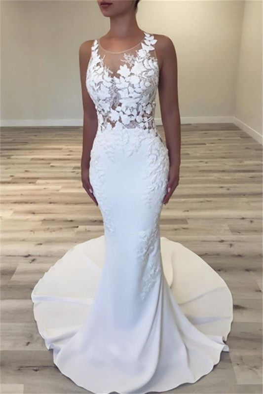 Sleeveless Jewel Long Mermaid Wedding Dress with Lace Appliques