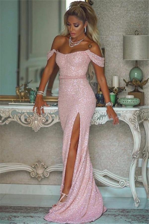 Pink Sequins Mermaid Evening Dress with Split