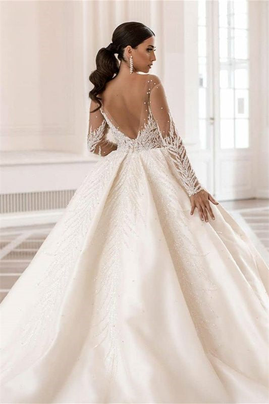 
                      
                        Bateau Neck Long Sleeve Ball Gown Wedding Dress with Applique
                      
                    