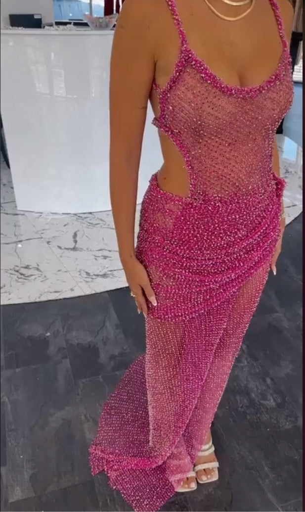 Sexy Pink Round Neck Sequin Prom Dress