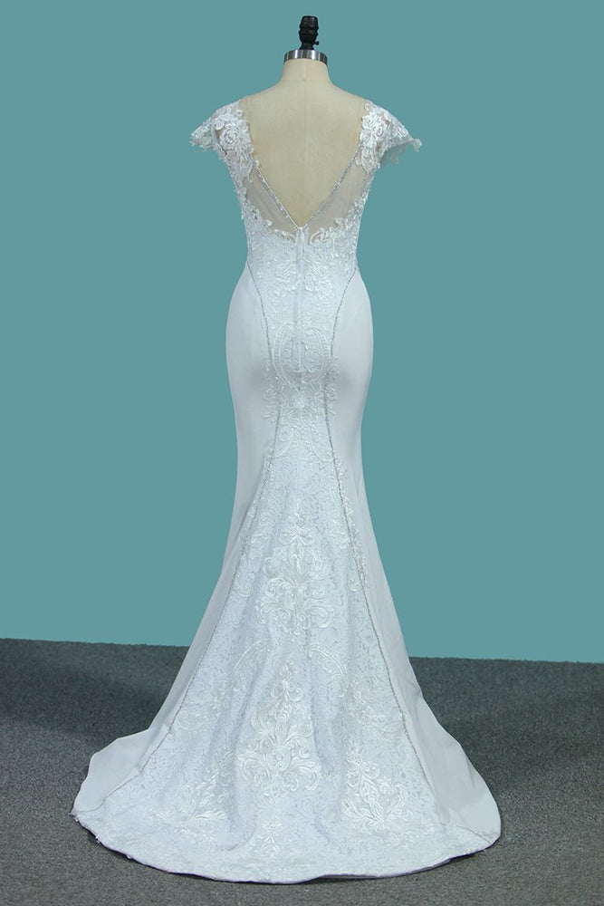 
                      
                        Bateau Neck Beaded Floor-Length Mermaid Wedding Dress with Lace Appliques
                      
                    