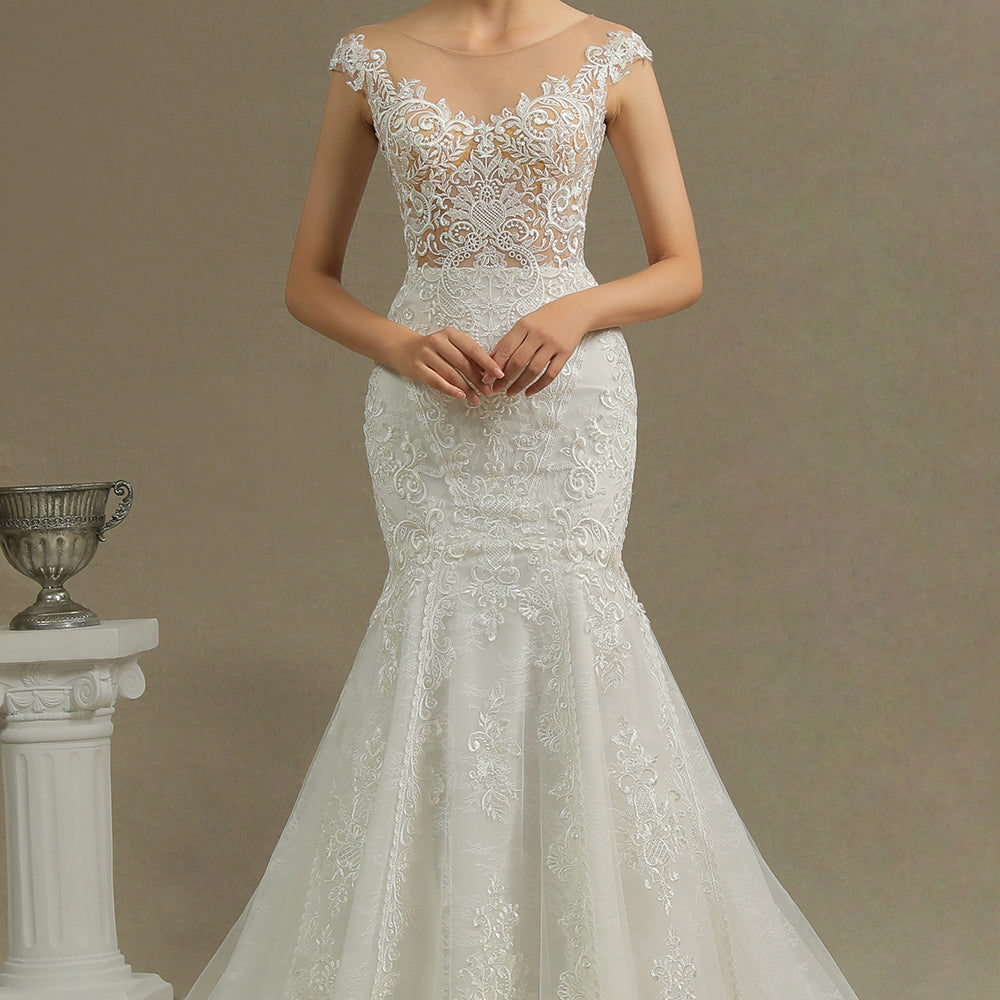 
                      
                        Mermaid Cap Sleeve Sheer Wedding Dress with Tulle Appliques
                      
                    