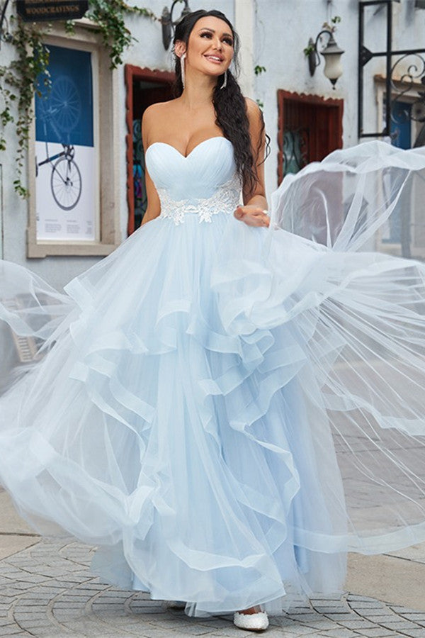 Baby Blue Long Tulle Prom Dress with Applique