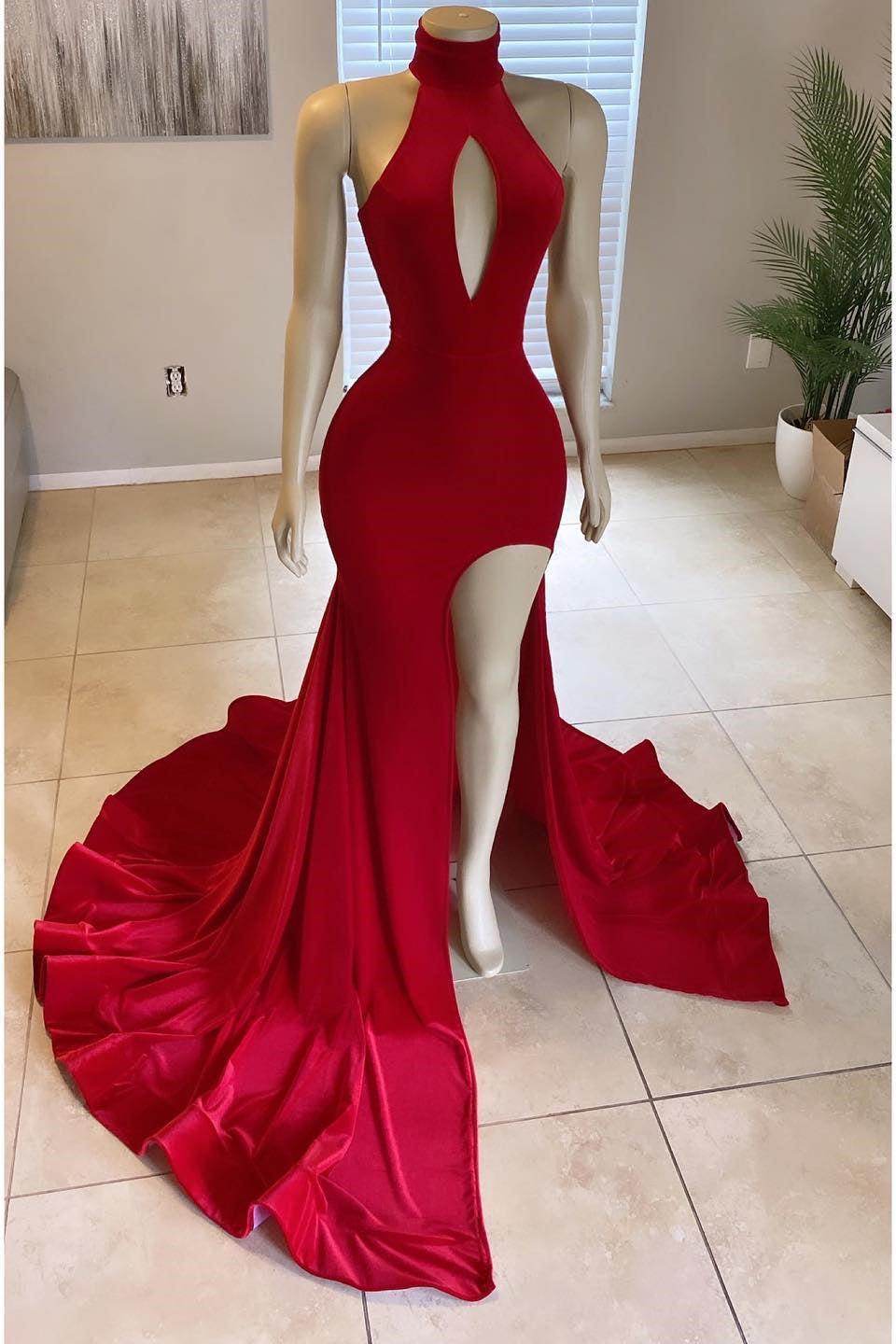 Glorious Red High-Neck Front Split Mermaid Prom Dress Online