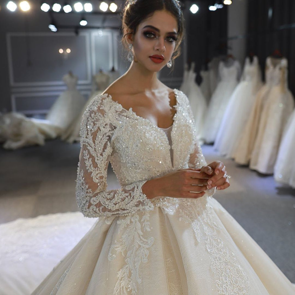 
                      
                        Classy Train A-Line Sweetheart Backless Long Sleeve Wedding Dress with Lace Appliques and Sequins
                      
                    