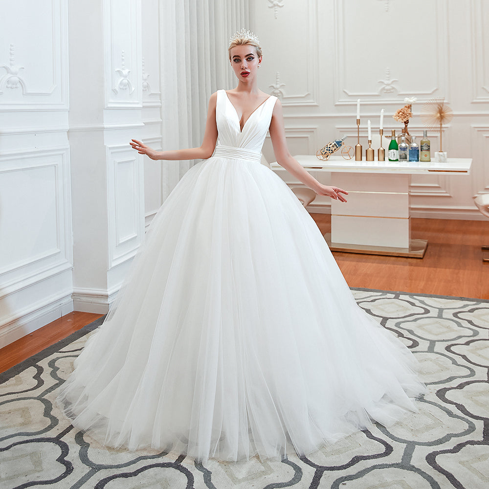 
                      
                        Wide Strap Deep V-Neck Floor-Length A-Line Wedding Dress with Tulle
                      
                    