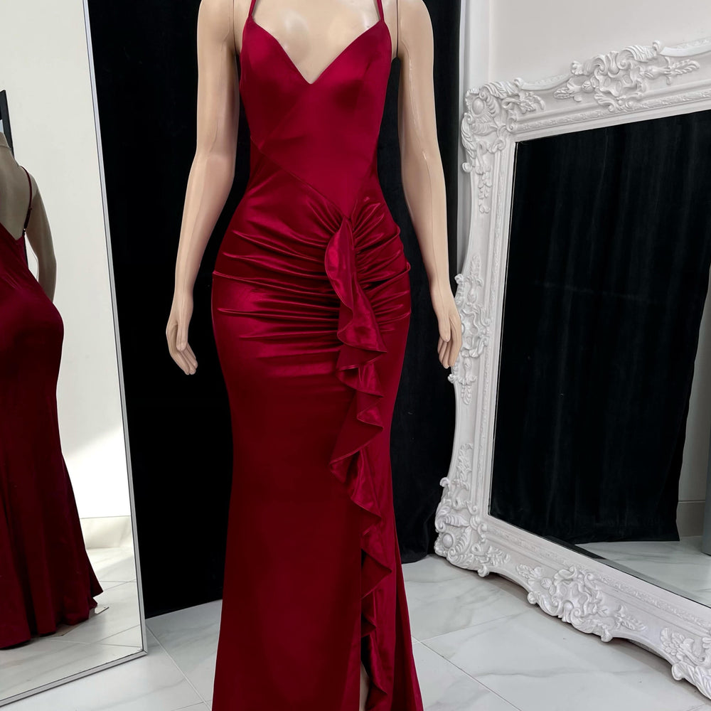 Burgundy Spaghetti Strap Pleated Prom Dress with Sleeveless and Side Slit