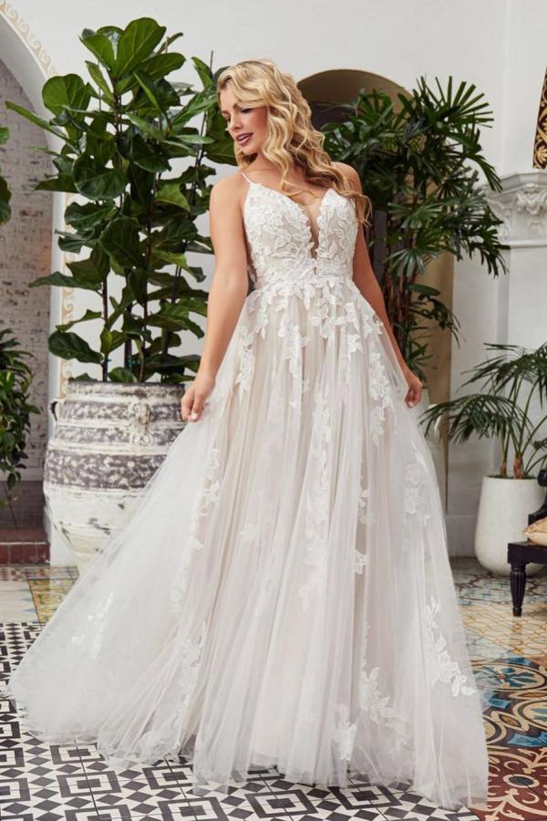 Romantic Long A-Line V-Neck Tulle Wedding Dress with Lace and Open Back