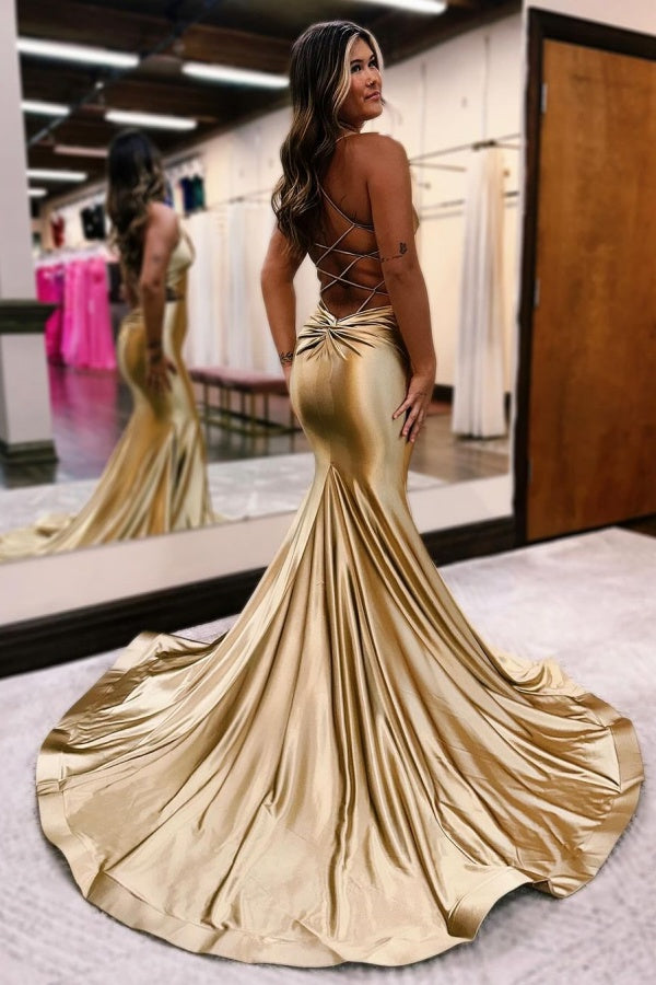 
                      
                        Glamorous Golden Sleeveless V-Neck Backless Mermaid Prom Dress
                      
                    