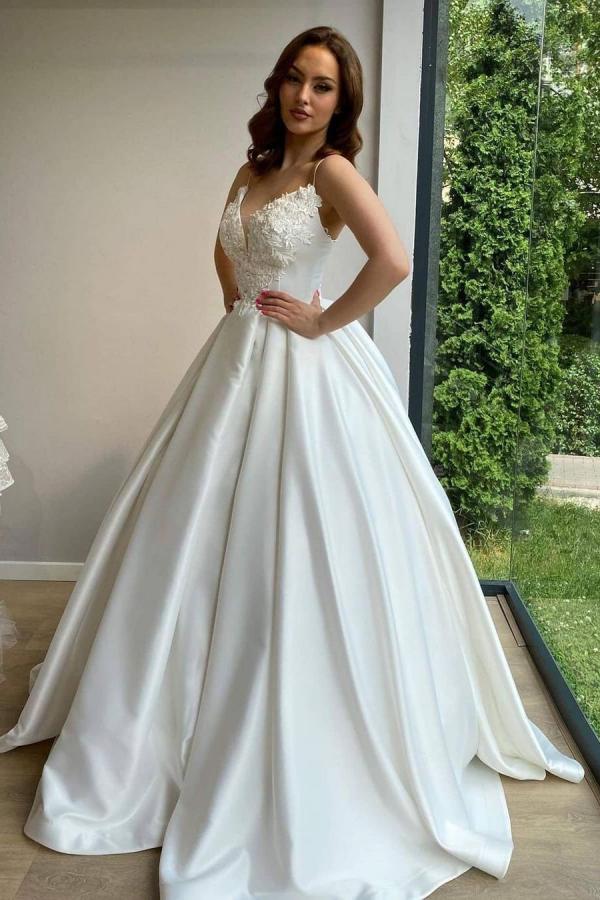 Ball Gowns Sweetheart Spaghetti Straps Long Satin Wedding Dress