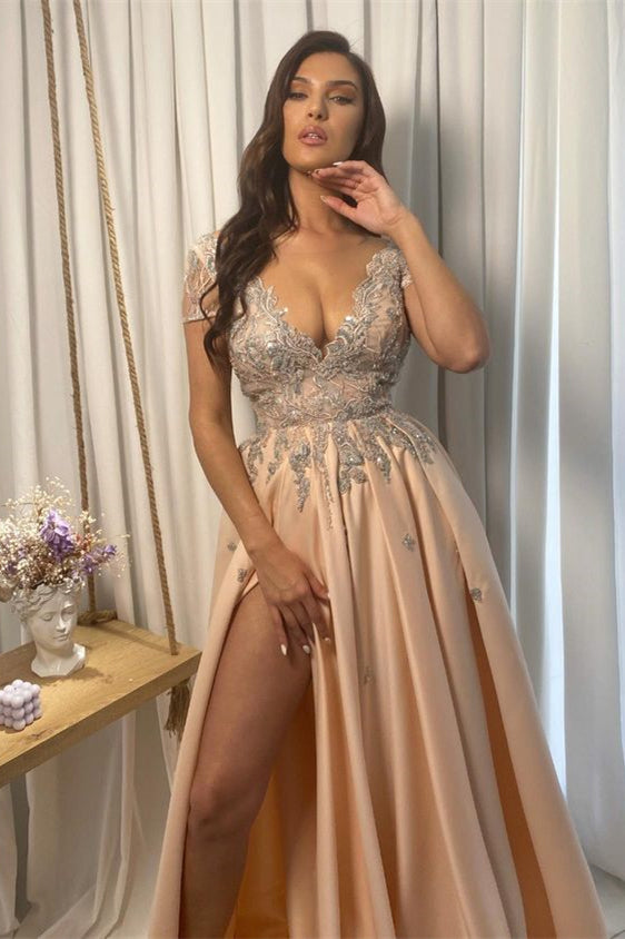 
                      
                        Champagne Lace V-Neck Appliqued Prom Dress with Split
                      
                    