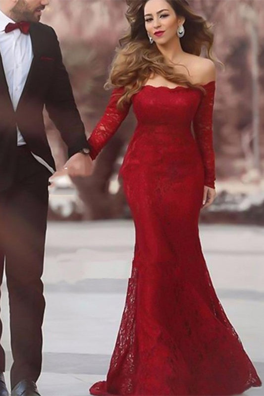 Burgundy Long Sleeves Mermaid Evening Dress