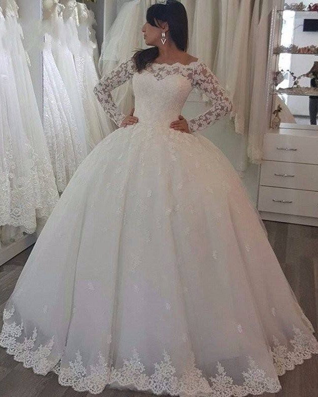 Elegant Off-the-Shoulder Long Sleeve Wedding Dress with Lace Appliques