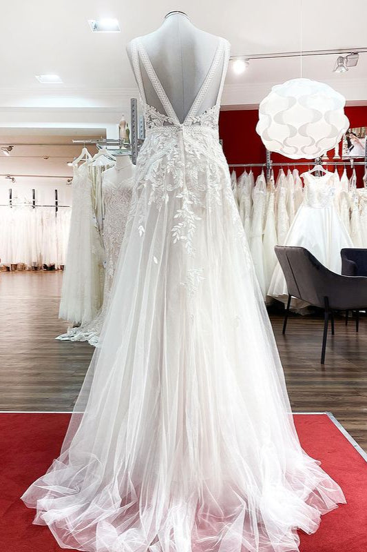 
                      
                        Sleeveless Long A-Line Tulle Open Back Wedding Dress with Lace Appliques
                      
                    