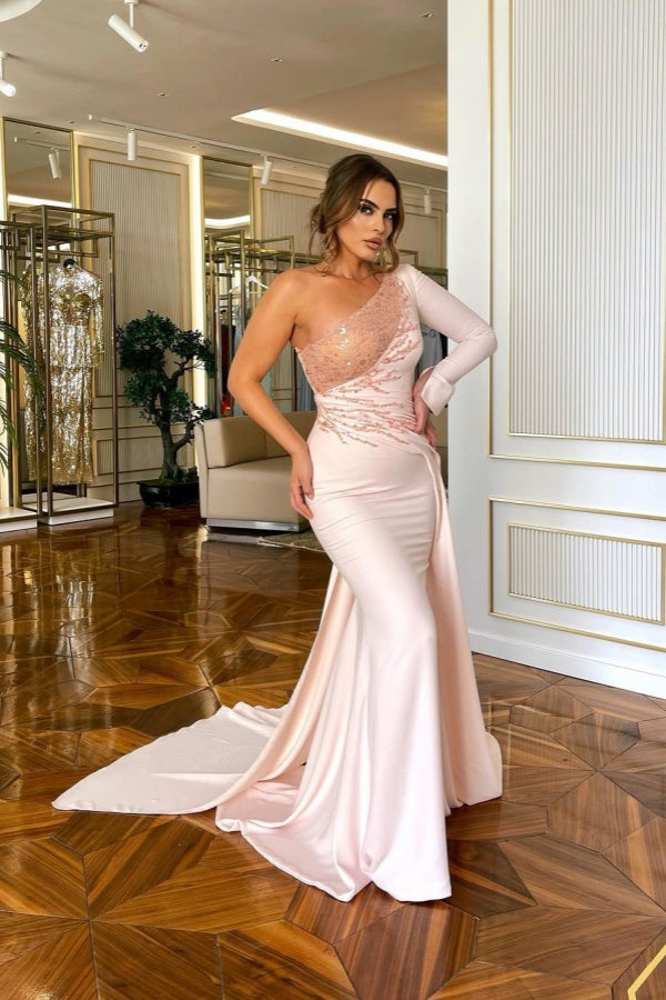 Light Pink One-Shoulder Long Mermaid Prom Dress with Sequin Appliqu¨¦