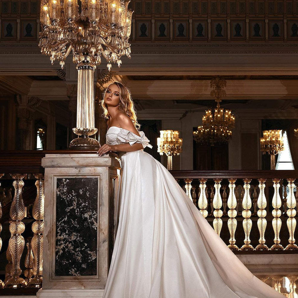 
                      
                        A-Line Off-the-Shoulder Lace Satin Floor-Length Wedding Dress with Sweetheart Appliques
                      
                    