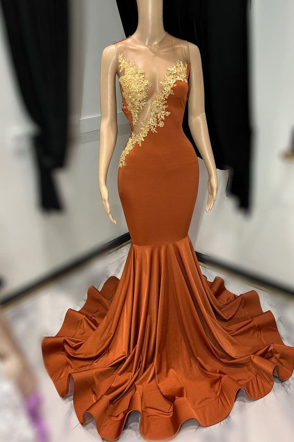 Sleeveless Tulle Mermaid Brown Long Prom Dress with Appliques