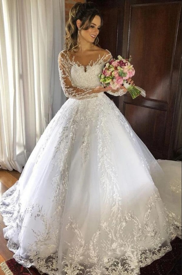 Sweetheart Backless Tulle Wedding Dress Long Sleeves With Appliques Lace