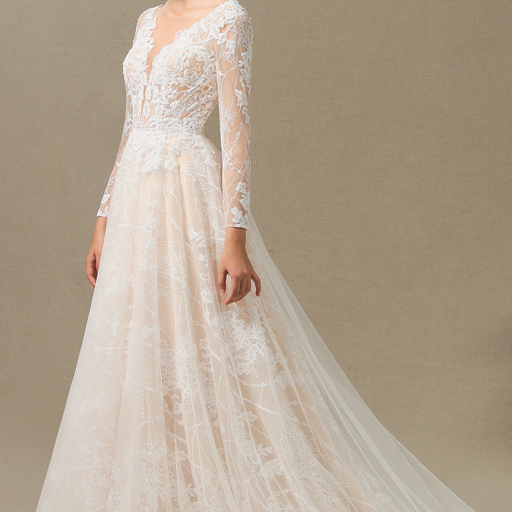 
                      
                        Sheer Long Sleeve A-Line Illusion Tulle Wedding Dress with Lace
                      
                    