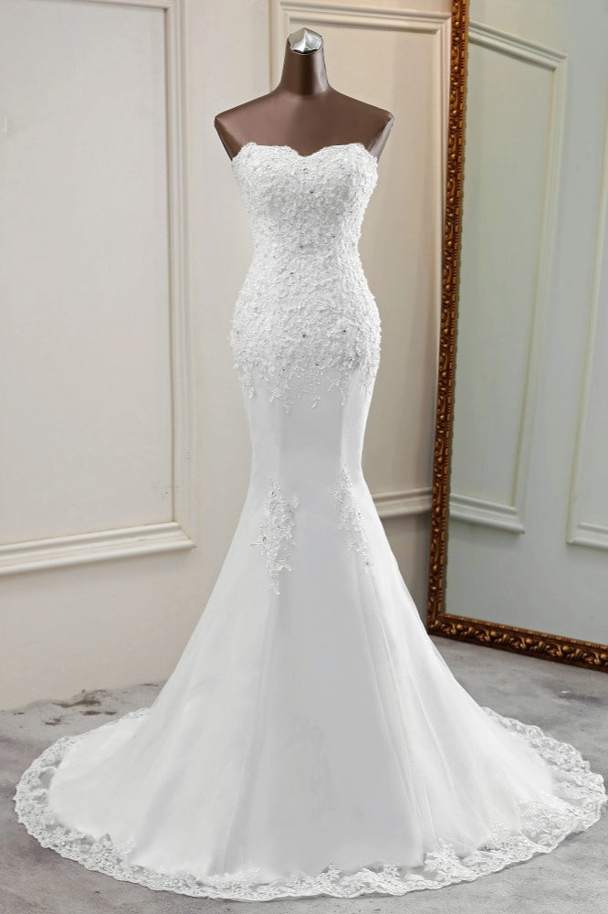 Strapless Lace Applique Long Mermaid Wedding Dress with Beading