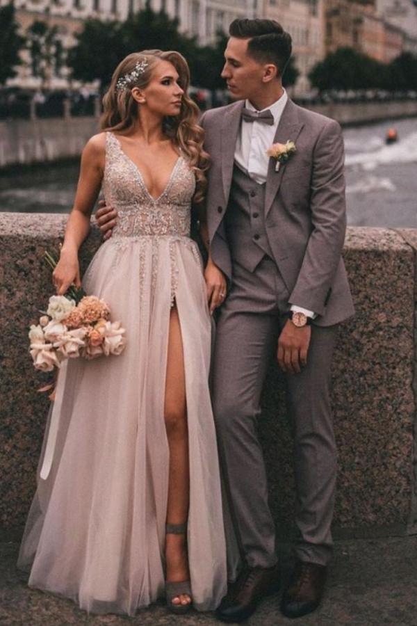 Boho Long A-Line V-Neck Tulle Lace Wedding Dress with Slit and Appliques