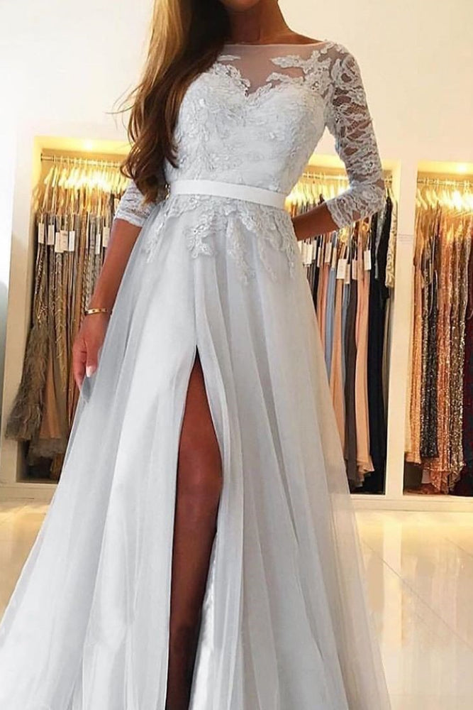 
                      
                        Long Sleeve A-Line Prom Dress with Lace and Split
                      
                    